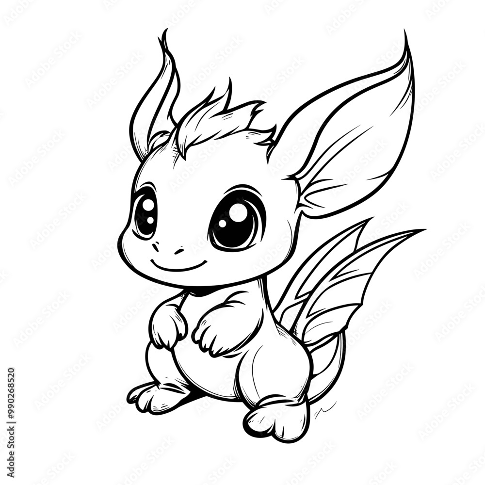 Fototapeta premium Little cute cartoon dragon. Vector illustration. Black and white illustration for a coloring book