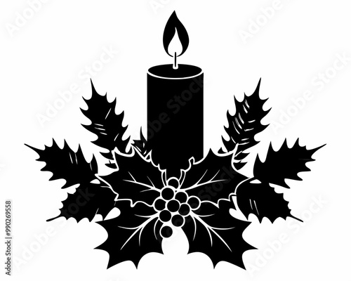 Christmas Candle Silhouette with Pine Cones and Holly Leaves.