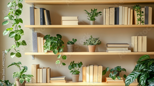 A beautifully organized bookshelf with potted plants and neatly stacked books, creating a cozy and refreshing reading environment. 