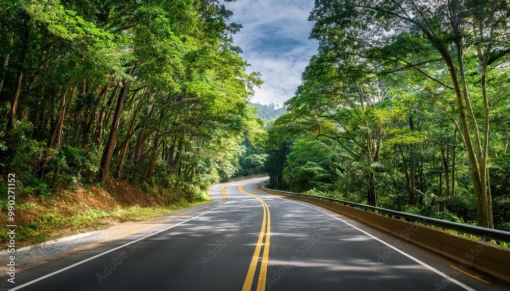 Obraz premium Scenic Curvy Road Through Lush Green Forest