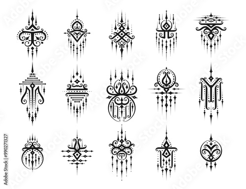 Sacred oriental Thai symbols for tattoo or Yantra Sak Yant and Buddhism religious signs, vector icons. Thailand ethnic sacred ornaments of Yantra or Sak Yant tattooing art and Thai culture symbols