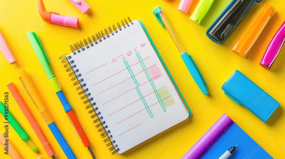 A top-down view of a notebook with daily schedules and reminders, surrounded by colorful pens and highlighters. A top-down view of a notebook with daily schedules and reminders, surrounded by colorful pens and highlighters.