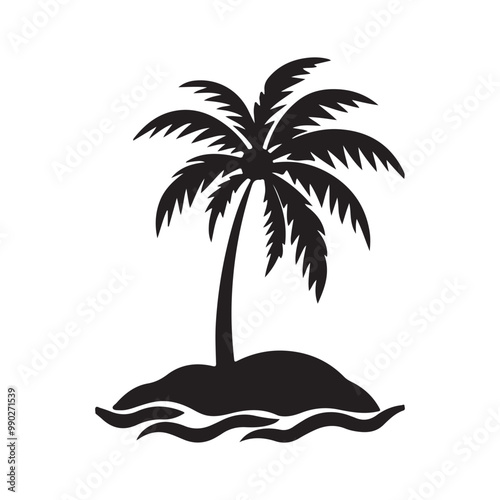 Tropical Island Silhouette with Palm Tree – Minimalist Vector Illustration for Exotic Paradise Themes
