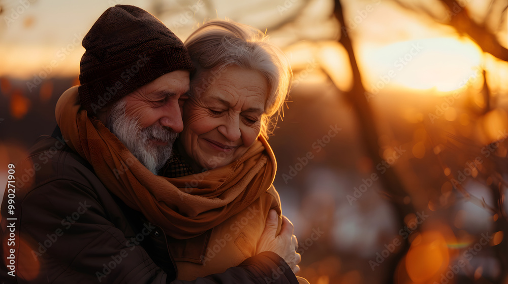 Side view of senior couple hugging outside in spring nature at sunset