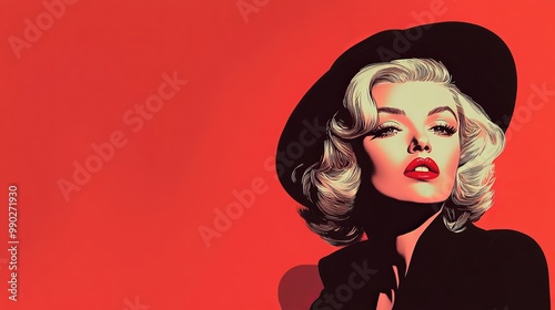 Iconic portrait of a glamorous woman with a black hat against a bold background