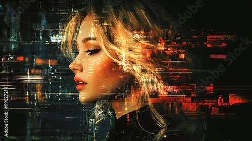 A portrait of a woman combined with digital distortion in a dark setting