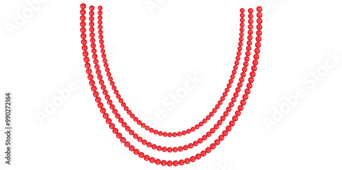 Multilayer Red Pearl Necklace On White Background, Vintage Jewelry Beads Garland Vector Illustration.	