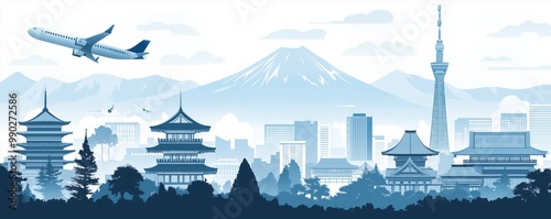 japan city skyline by Fuji mount is background while airplane fly above,generative AI illustration photo