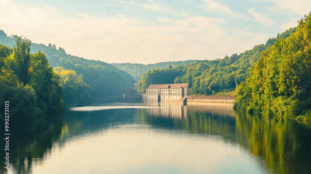 Scenic River View with Calm Water and a Building on a Hillside Scenic River View with Calm Water and a Building on a Hillside