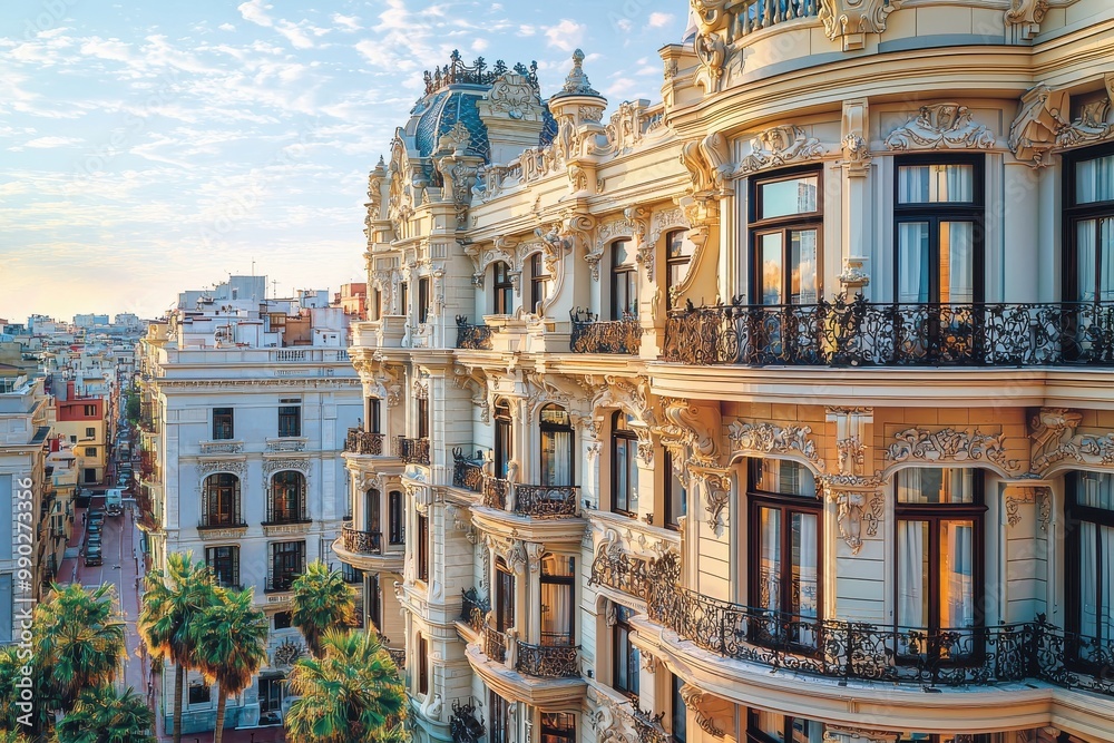 Fototapeta premium Colorful historic buildings with ornate architecture in scenic urban landscape