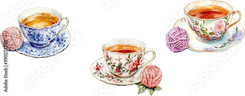 Watercolor vintage teacup with saucer and yarn ball clipart