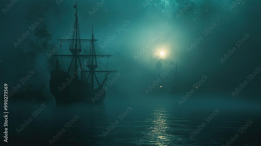 A Silhouetted Ship Navigating Through Fog and Stars A Silhouetted Ship Navigating Through Fog and Stars