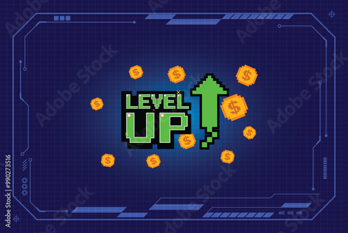 LEVEL UP !! text with gold coin on blue background. pixel art .8 bit game. retro game. for game assets in vector illustrations.