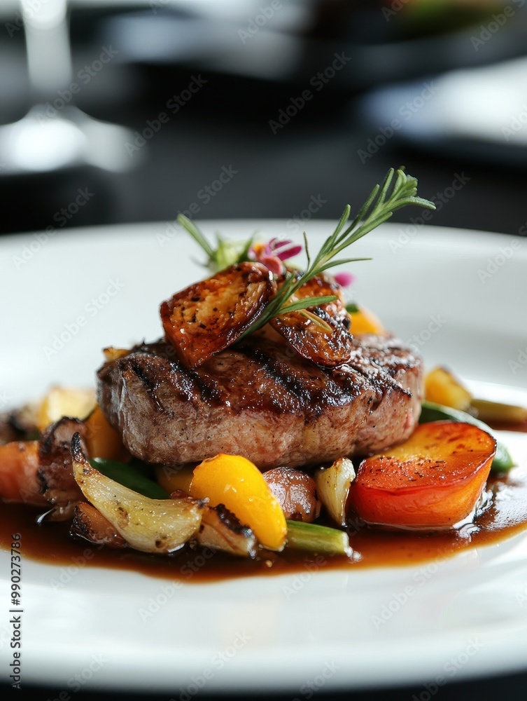 A plate of food with a piece of meat and vegetables A plate of food with a piece of meat and vegetables