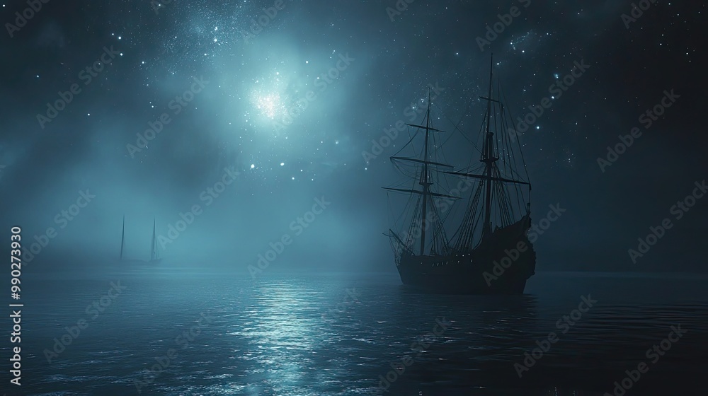 A Silhouetted Sailing Ship Under a Starry Night Sky