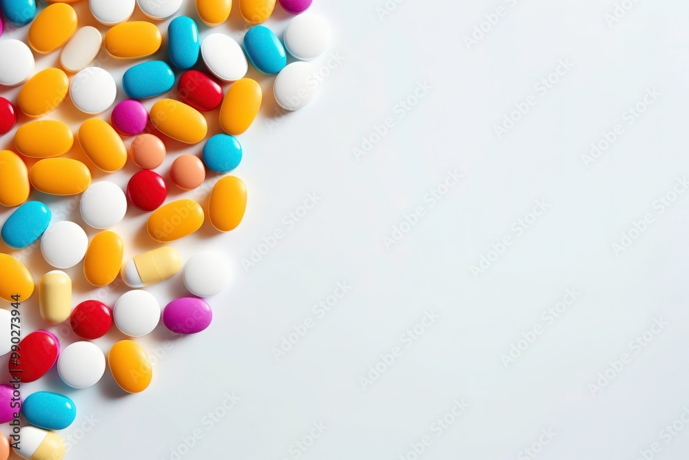stack of colorful medical pills with copy space for text and a top view suitable for medical, pharmacy, and healthcare concepts. Generative AI stack of colorful medical pills with copy space for text and a top view suitable for medical, pharmacy, and healthcare concepts. Generative AI