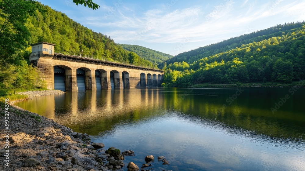 Fototapeta premium Water Control Structure with Arched Gates in a Serene Lake Setting