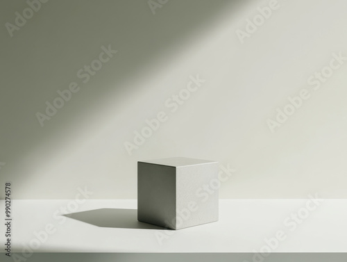 White cube in soft light casting shadows, simple design.