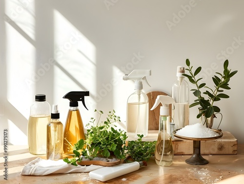 Eco Friendly DIY Home Cleaning Products Setup with Reusable Glass Bottles and Natural Ingredients photo