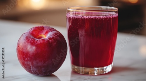 Red Plum and Juice on a Marble Surface