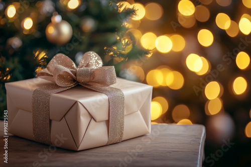 A beautifully wrapped gift sits on a wooden surface, with a festive background of glowing lights from a Christmas tree.