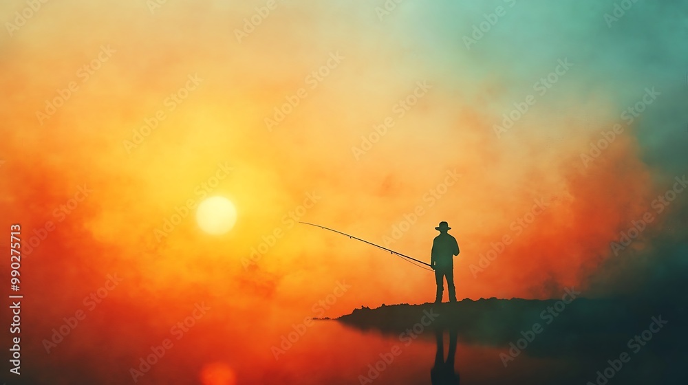 Silhouette of a Fisherman Casting a Line at Sunset. Silhouette of a Fisherman Casting a Line at Sunset.