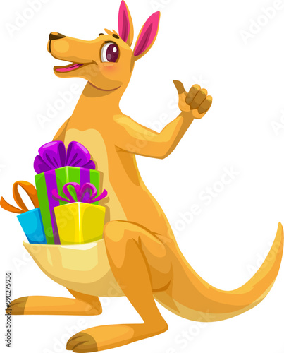 Cartoon funny kangaroo animal character with presents and gift boxes in its pouch, giving a thumbs-up, symbolizing celebration, gifting and positive vibes. Vector Australian wallaby comic personage
