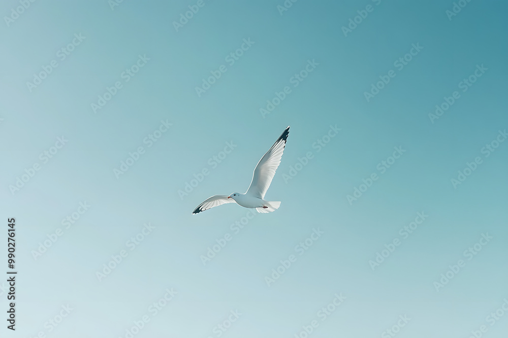 A seagull soars freely in the blue sky over the ocean, showcasing its graceful wings and vibrant white feathers as it searches for food in the sea A seagull soars freely in the blue sky over the ocean, showcasing its graceful wings and vibrant white feathers as it searches for food in the sea