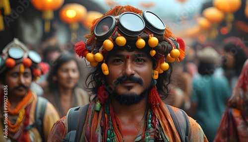 Traveler immersed in traditional festival, celebrating with locals and embracing vibrant customs, embodying cultural participation and festive spirit. photo