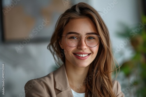 Business Person Happy. Portrait of Beautiful Young Woman Smiling and Looking in Camera