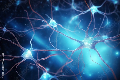 Interconnected glowing blue and purple neurons with specks of light. Suitable for science, technology, medical, and educational concepts. Generative AI