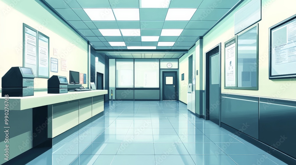 Modern Office Interior with Tiled Ceiling and Hallway Modern Office Interior with Tiled Ceiling and Hallway