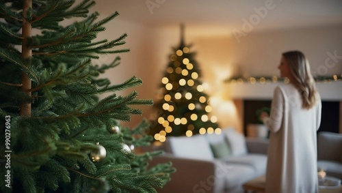 Undecorated Christmas Tree in Warmly Lit Living Room Woman Out of Focus in Background.