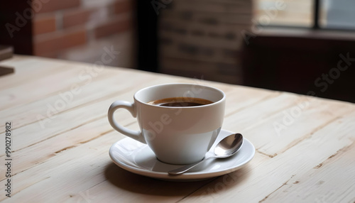 cup of hot coffee on a wooden table in a chill and relaxing cafe or coffee shop. 