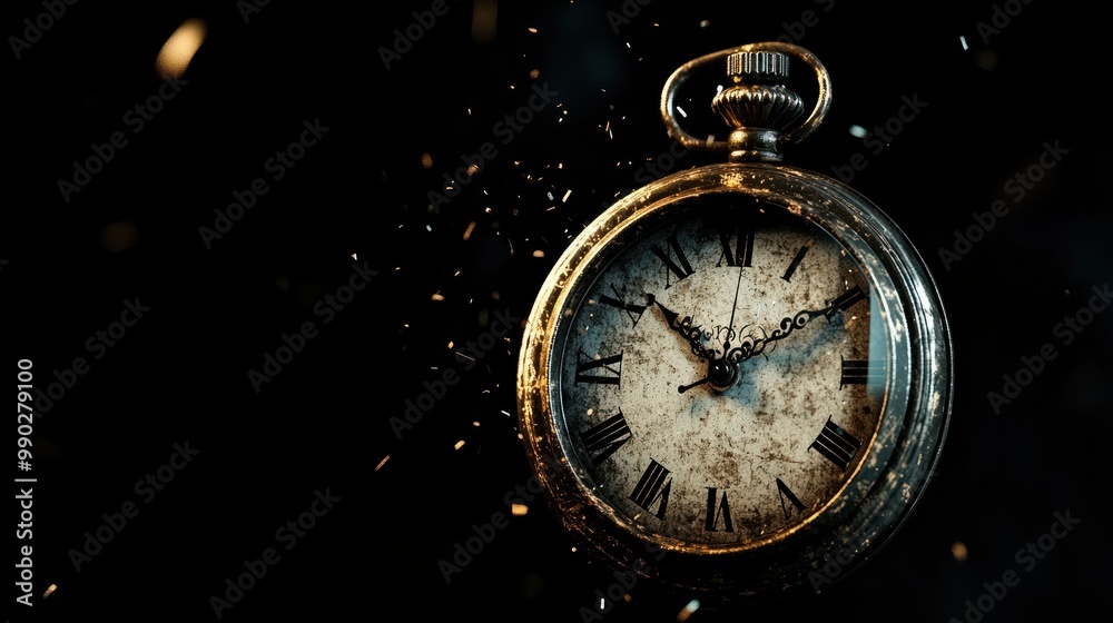 An old pocket watch with floating particles symbolizing the passing of time against a black background. Time and countdown concept banner. An old pocket watch with floating particles symbolizing the passing of time against a black background. Time and countdown concept banner.