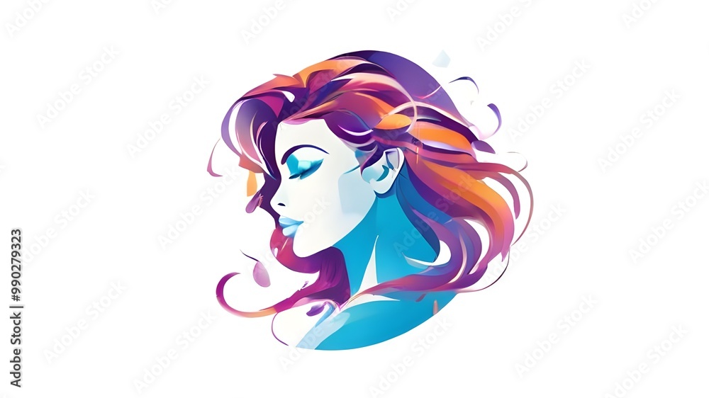Stylized artistic portrait of a woman with flowing pink and purple hair Stylized artistic portrait of a woman with flowing pink and purple hair