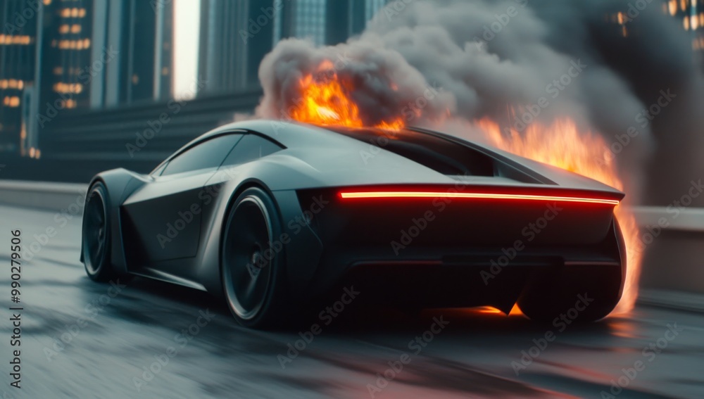 Cinematic Electric Car On Fire Side View Cinematic Electric Car On Fire Side View