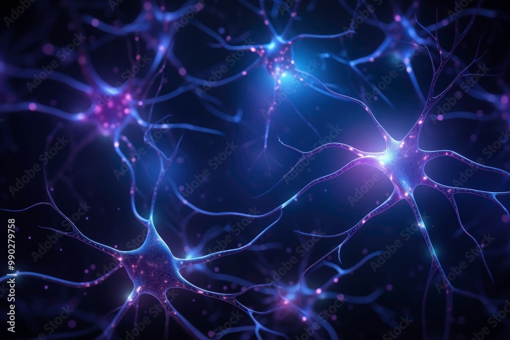 Interconnected glowing blue and purple neurons with specks of light. Suitable for science, technology, medical, and educational concepts. Generative AI Interconnected glowing blue and purple neurons with specks of light. Suitable for science, technology, medical, and educational concepts. Generative AI