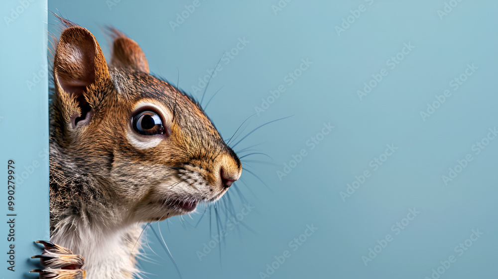Obraz premium Side View of Squirrel on Blue Background ,Cute Squirrel Side Profile Against a Blue Background, Adorable Small Animal in Nature, Close-Up of Squirrel’s Face, Wildlife Photography with Playful