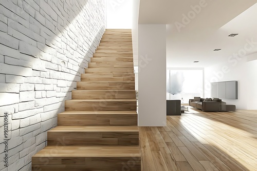 Stairway With Brick Wall and Hardwood Floors