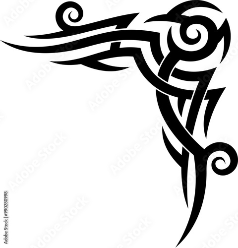 Tribal celtic or maori tattoo, isolated vector black decorative corner in ancient folk style, featuring bold, sweeping lines, sharp angles, and curved elements. Traditional monochrome tribal ornament