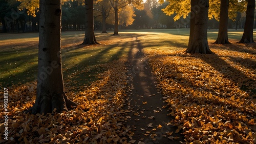 Evening Tranquility in Autumn Grove. A peaceful autumn evening with the setting sun casting shadows over golden leaves. Realistic style. photo