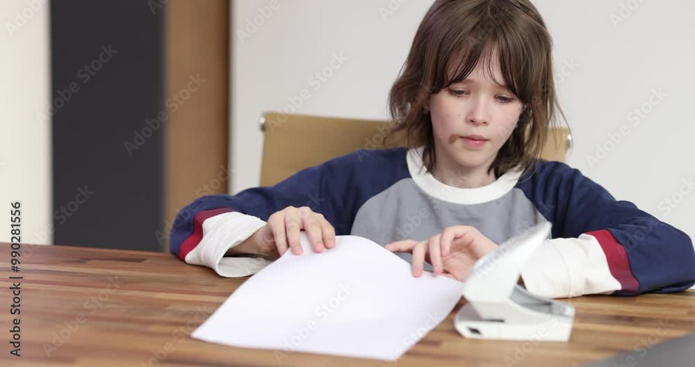 Serious little girl uses hole punch on paper sheet at office desk. Preteen schoolgirl engaged in creative task for homework. School stationery Serious little girl uses hole punch on paper sheet at office desk. Preteen schoolgirl engaged in creative task for homework. School stationery