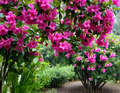 A lush, vibrant garden filled with blooming pink azalea flowers, creating a beautiful and colorful natural scene