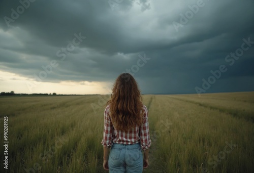 Woman standing in meadow, looking at the horizon and dark dramatic stormy clouds, rear view