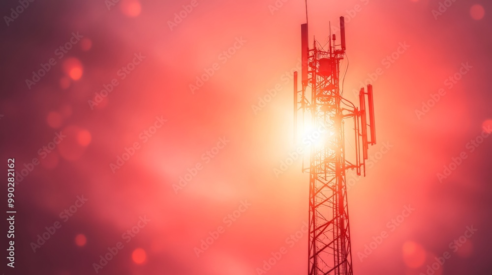 Fototapeta premium Telecommunications Tower Silhouetted Against a Vibrant Sunset Sky