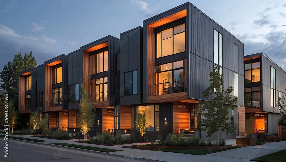 Architecture Townhomes with Wood and Black Siding and Pavement Shadows