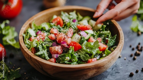 A hand gently adds diced tomatoes and cucumbers to a vibrant salad filled with leafy greens, preparing a healthy meal on a rustic surface