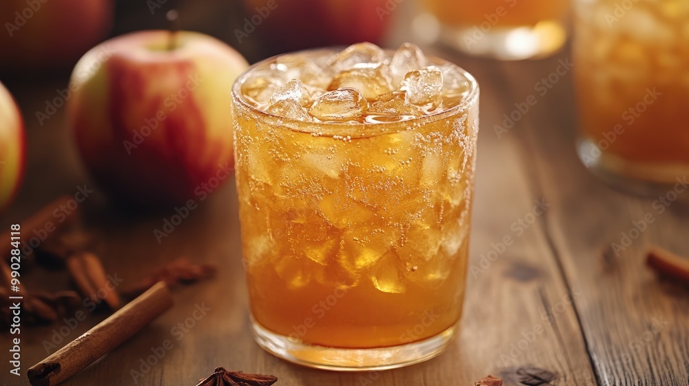 A refreshing drink with ice and apples. Perfect for a summer day, this image evokes a feeling of relaxation and enjoyment. A refreshing drink with ice and apples. Perfect for a summer day, this image evokes a feeling of relaxation and enjoyment.