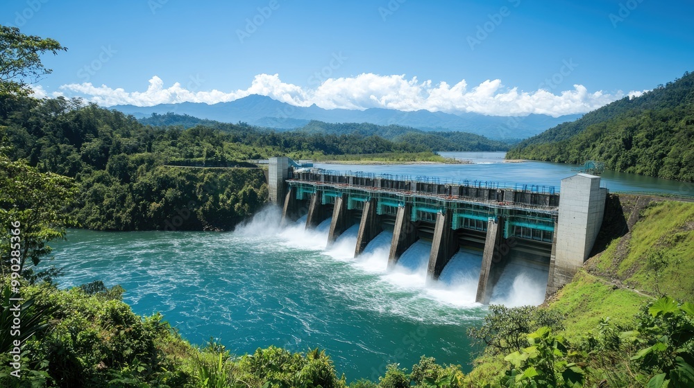 Powerful River Water Flows Through Dam Gates in Mountainous Region Powerful River Water Flows Through Dam Gates in Mountainous Region